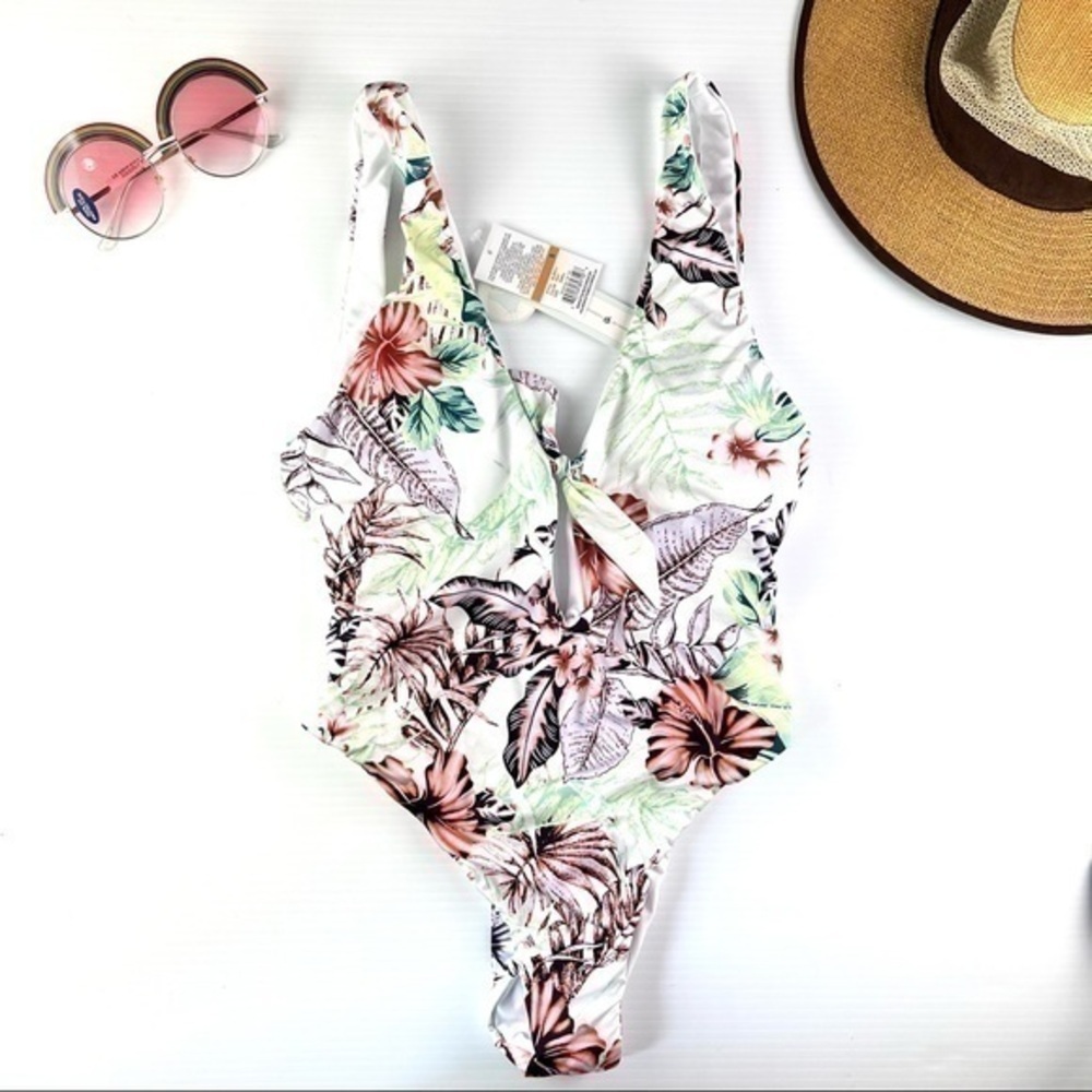 The Bikini Lab womens small tropical oasis tie front one piece white swimsuit